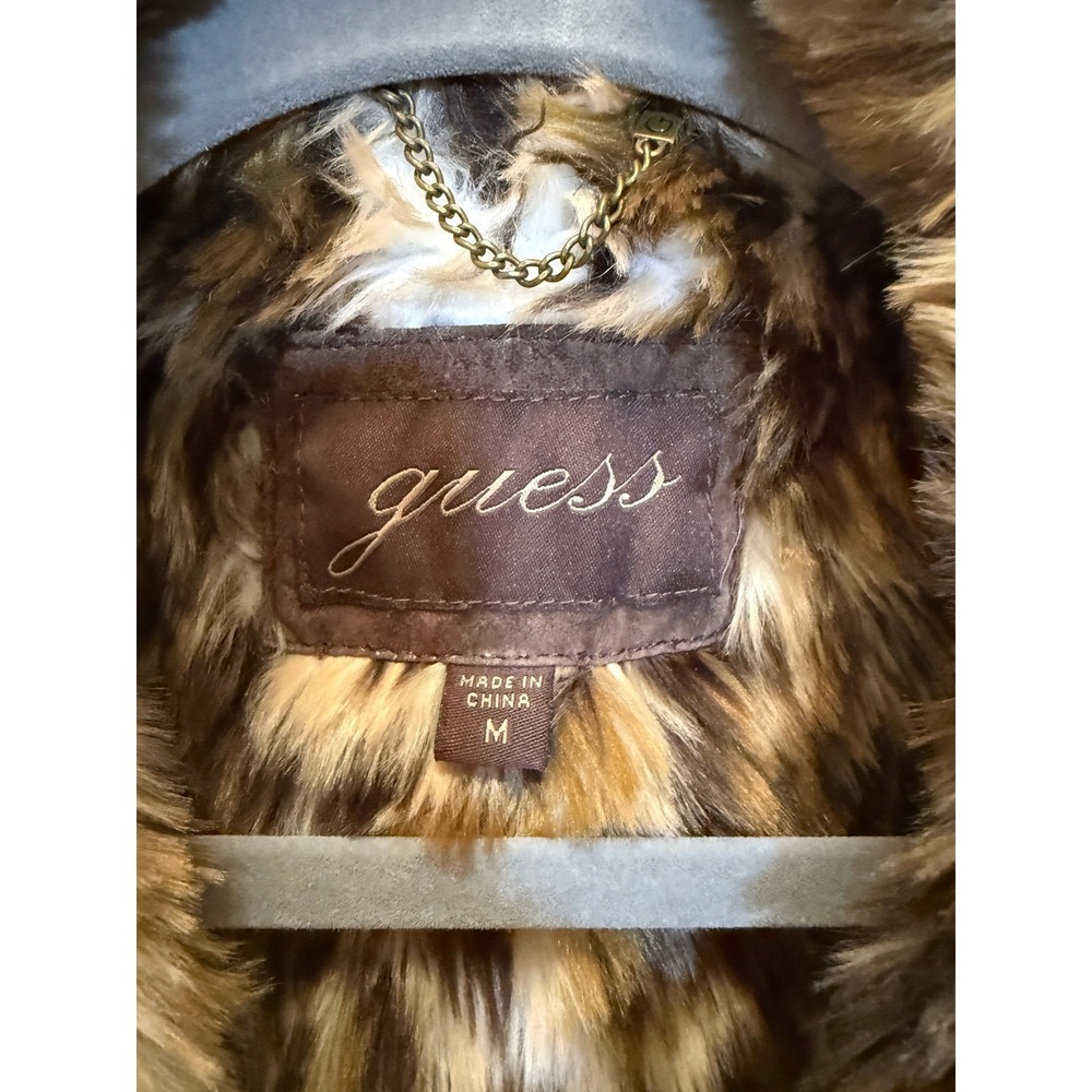 Guess Suede Leather Jacket Y2K Women Medium Brown Leopard Faux Fur Vintage Style - Picture 2 of 7